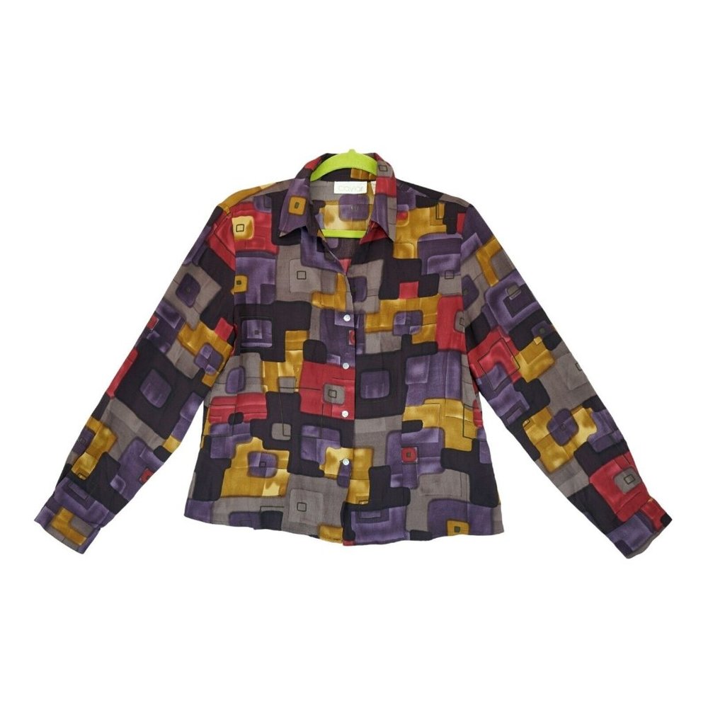 Vintage Caviar Color Block 80's Style Long Sleeve Button Up Women's Medium Shirt